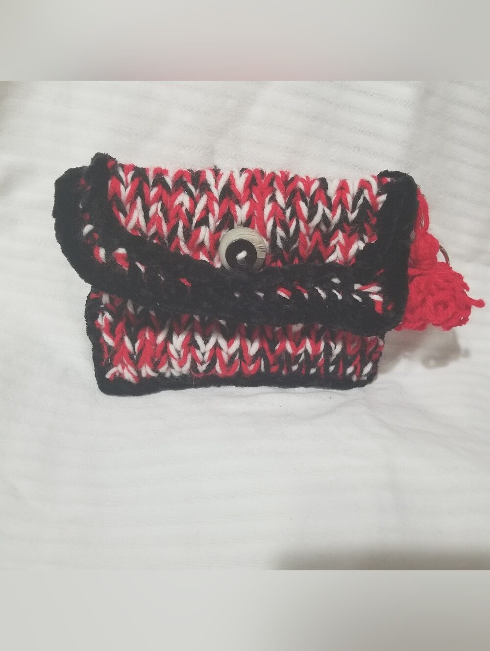 Handmade Sofistik Red, Black, & White Crochet Knit Clutch With Button Closure